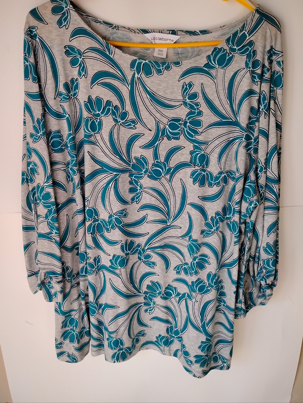 Liz Claiborne Teal Floral Long Sleeve Scoop Neck Top